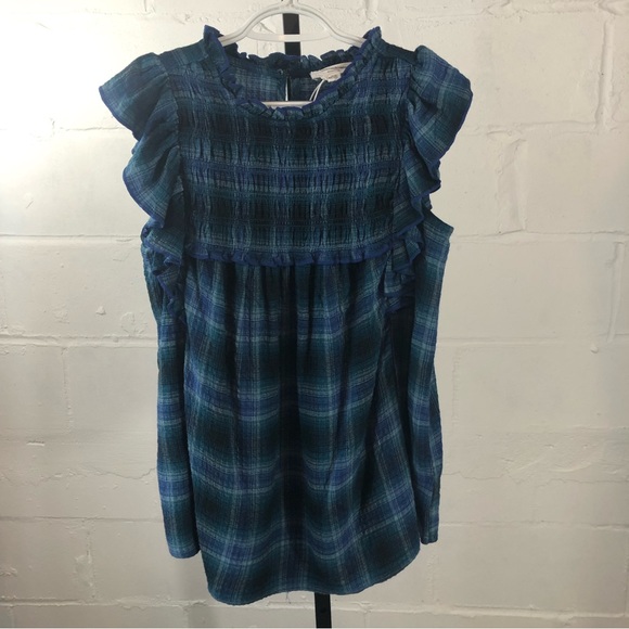 Beach  Lunch Lounge Ruffled Top Size S Blue Plaid Sleeveless NWOT - Picture 2 of 7
